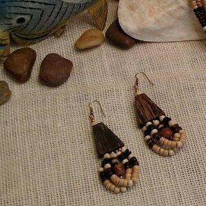 Bohemian Wood Beaded  Dangle Earrings In Black Brown And Cream OS